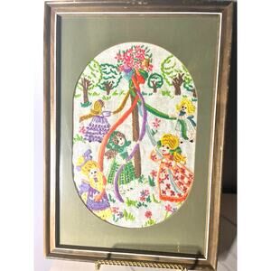 Framed Crewel Embroidery Maypole Girls Scene Handmade Folk Art Wall Decor